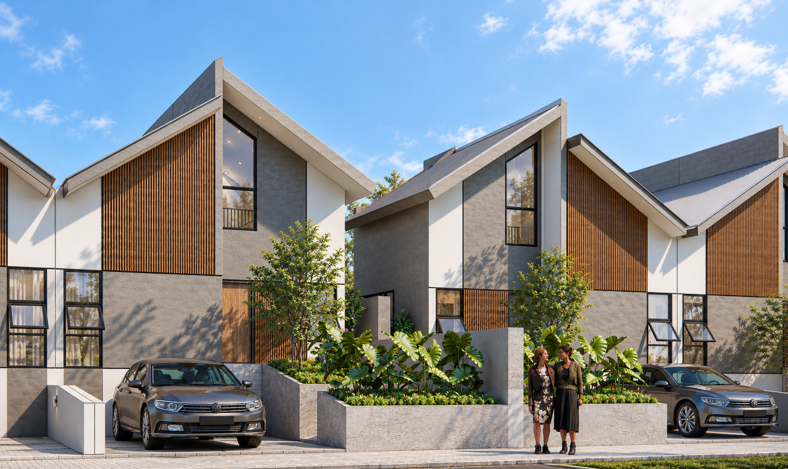 Hunian modern KCP Land dengan taman dan area parkir